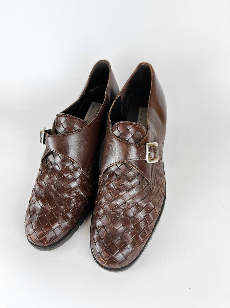 90s vintage brown woven leather Oxfords with buckle Size 7.5 Shoe Brown Woven Loafers Buckle Oxfords Light Academia Collegiate Pilgrim Shoes image 7