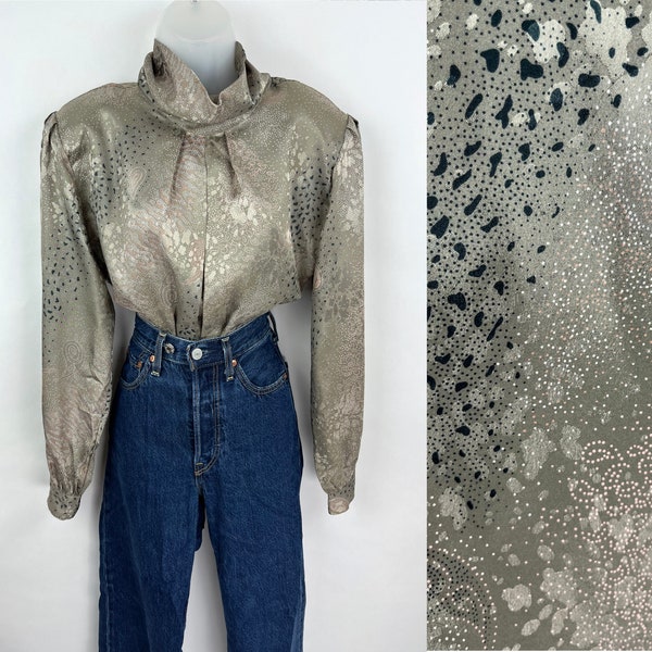 90s vintage silver rose gold abstract pattern cowl neck Charmeuse blouse Size 16 Medium Large Cocktail Blouse Mob Wife Aesthetic 80s Fashion