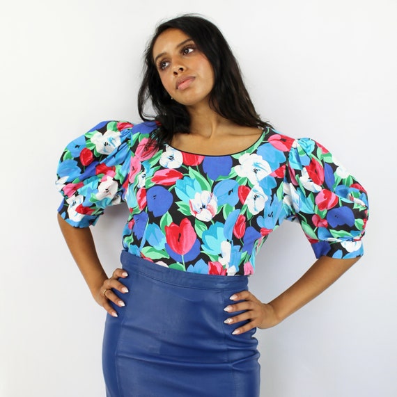 80s tulip print balloon sleeve statement blouse S… - image 3