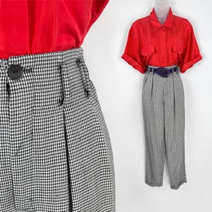 90s vintage black and white houndstooth tapered high waist cuffed trousers Size 7, 26 inch waist Light Academia Career Trousers 90s Clothing