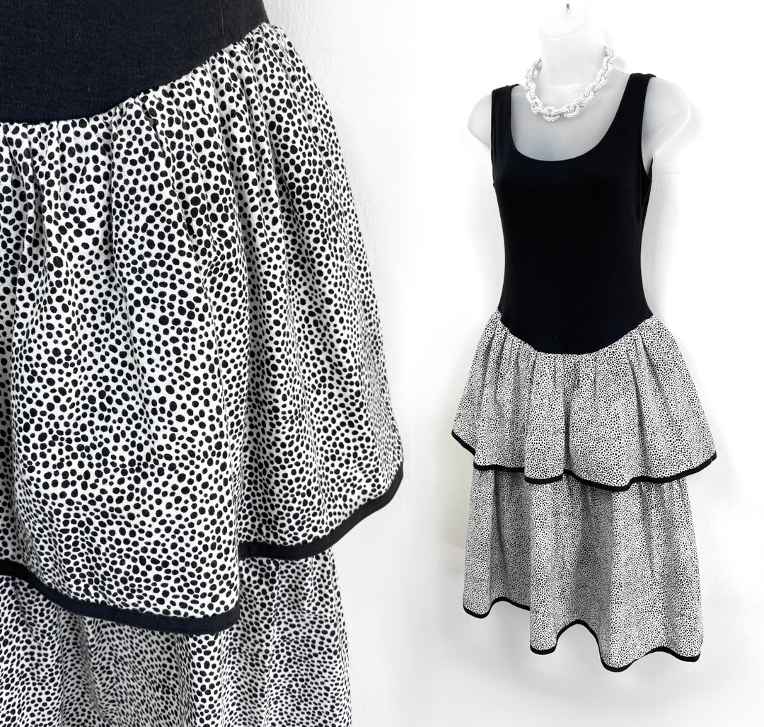 80s Vintage Black and White Colorblock Tiered Party Dress, Size 5 Small ...