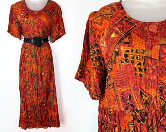 90s vintage burnt orange geo pattern silk maxi dress, Medium, Empire Waist Dress, 90s Silk Maxi, Babydoll Maxi, Afropunk, Festival Outfit