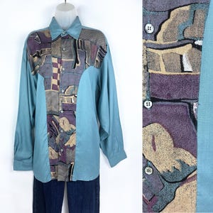 90s vintage light blue abstract colorblock oversize long sleeve button blouse Medium Large Plus Size Western Blouse Womens Western Unisex