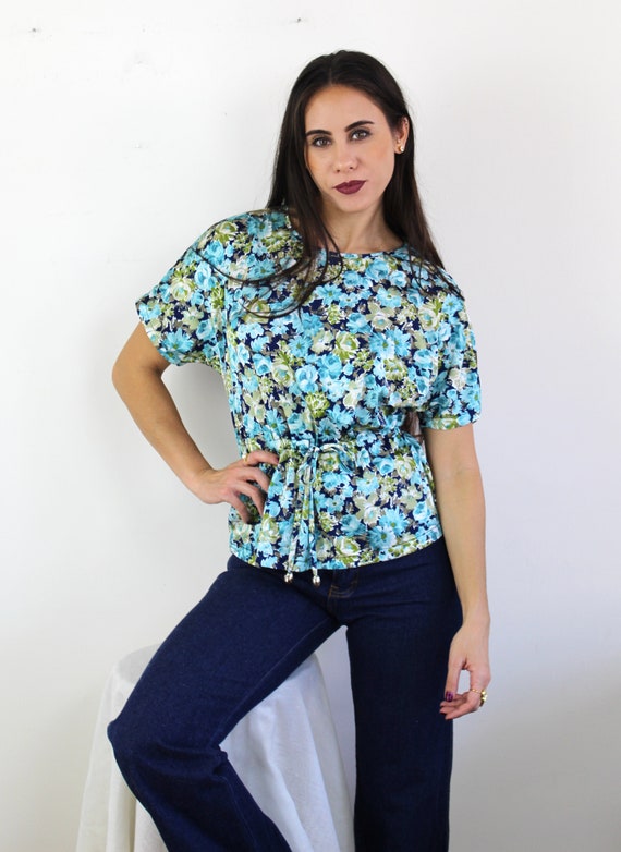 70s blue and green floral peplum top with drawstr… - image 1