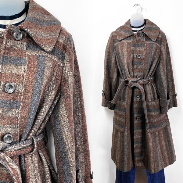 Vintage Wool Trench Coat Brown Orange Blue Tartan Check 8 10