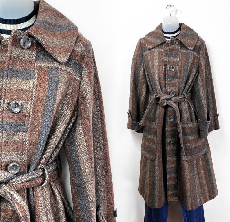 80s vintage brown striped wool trench coat, Size 10 Small Medium, Striped Wool shops Trench, 70s Wool Coat, 80s Outerwear Brown Wool Coat Academia