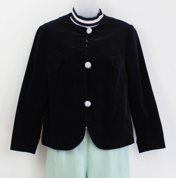 60s black velvet cropped jacket with rhinestones,… - image 2