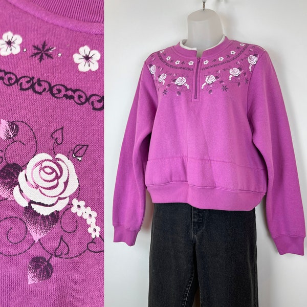 90s vintage orchid purple floral Fair Isle crewneck sweatshirt Medium, Pinkish Purple Zip Up Henley Kitschy Sweatshirt Country Chic Normcore