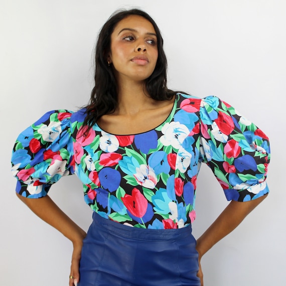 80s tulip print balloon sleeve statement blouse S… - image 6