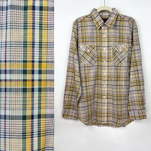 70s vintage primary colors plaid mens long sleeve buttondown Vintage Menswear Hipster Mens Clowncore Mens Western 80s Clothing Mens Large