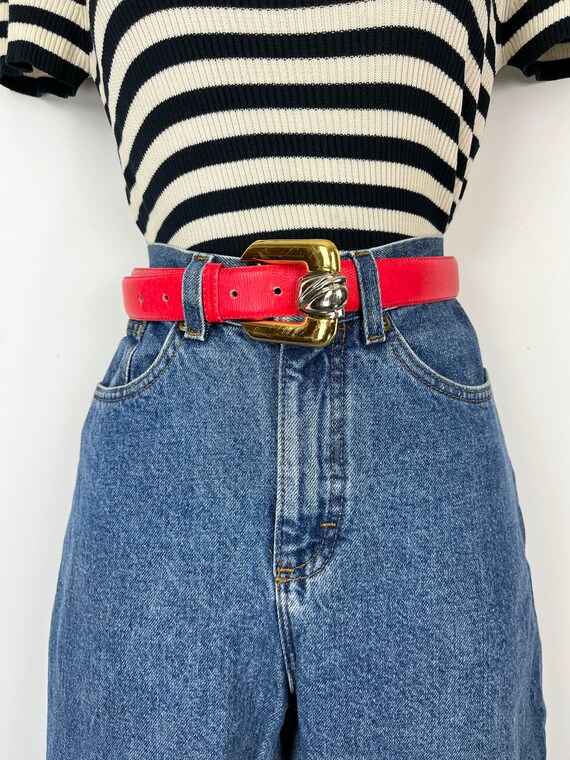 90s Skinny Red Leather Belt With Gold Buckle, Small, 90s  display picture 1