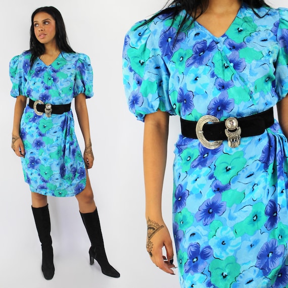 90s blue floral watercolor silk wrap dress, Ballo… - image 1
