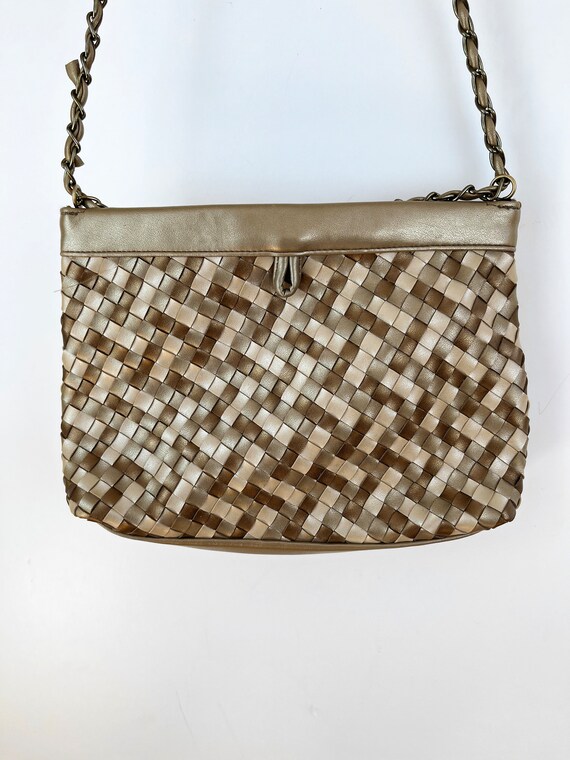 80s Vintage Gold and Bronze Woven Faux Leather Shoulder