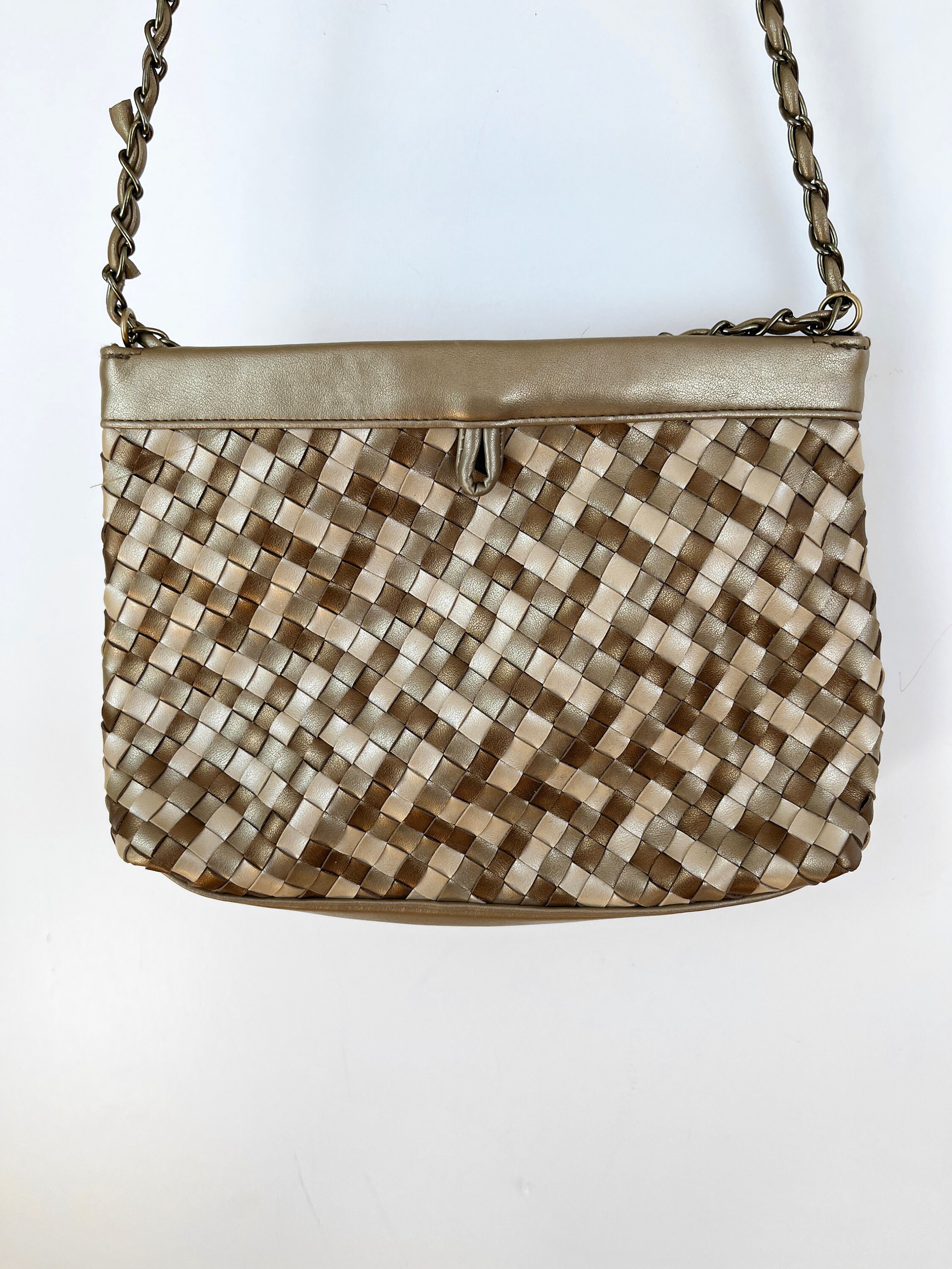 80s Vintage Gold and Bronze Woven Faux Leather Shoulder