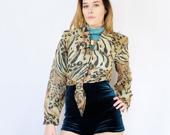 90 sheer animal print cropped tie front blouse / Peggy Bundy / pinup girl / 90s leopard print / animal print blouse / leopard crop top