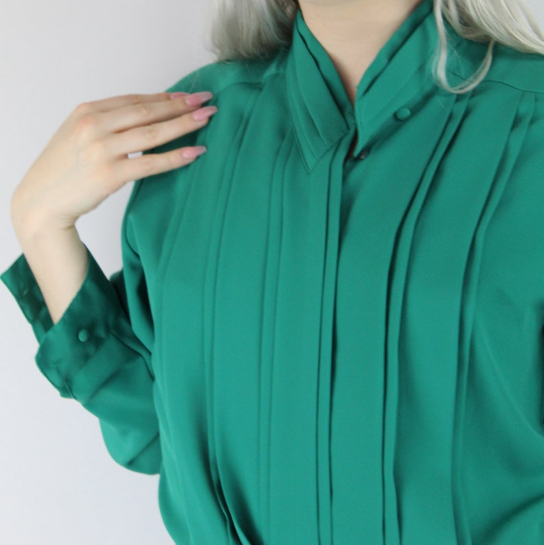 80s teal green pleat front poly blouse teal poly blouse teal pleated blouse 80s vintage blouse secretary blouse 80s vintage blouse