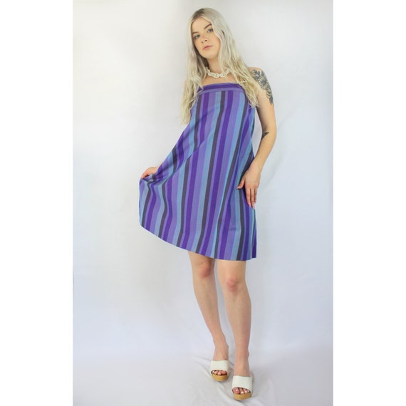 60s Vintage purple and blue striped retro smock d… - image 3