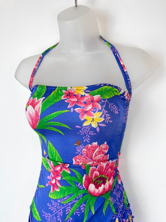 90s vintage blue and pink floral ruched one piece… - image 5