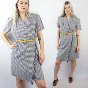 90s does 40s navy and white plaid wrap dress, Size 8, 40s Style Dress, Wrap Dress, Zoom Chic, 90s Clothing, 90s Vintage Dress, Cottagecore