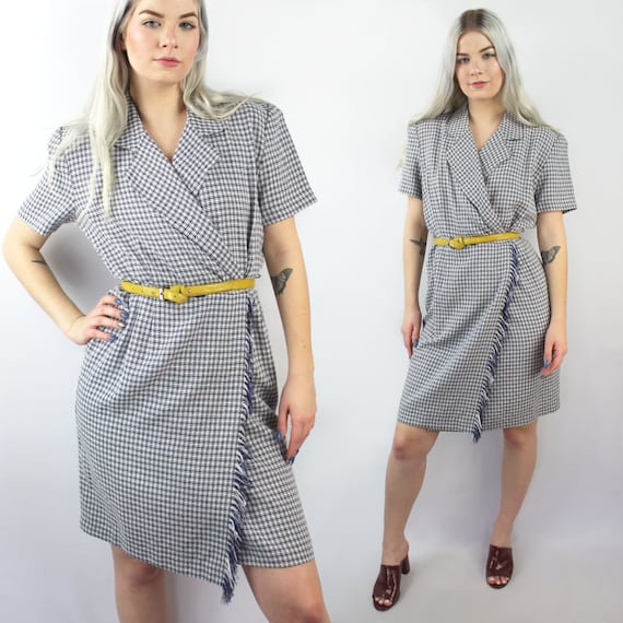 90s does 40s navy and white plaid wrap dress, Size