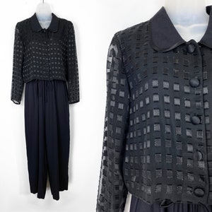 90s Vintage black long sleeve pantsuit with sheer burnout overlay, Size 12, Dress for Wedding, Black Tie, Holiday Outfit, Black Jumpsuit