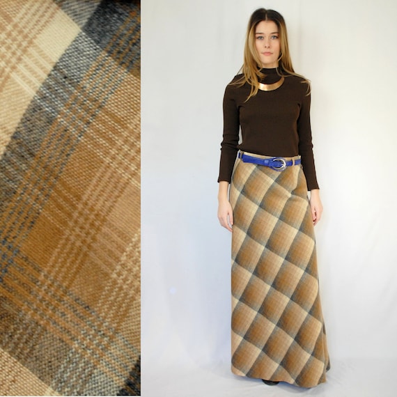 70s VINTAGE WOOL plaid A line maxi skirt, 29 inch… - image 2