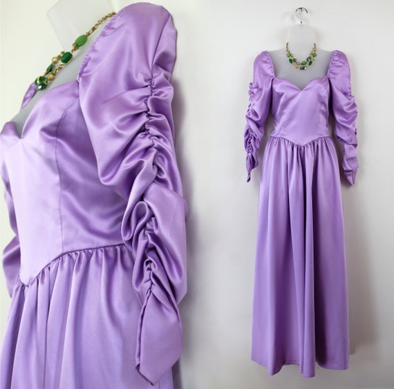 80s purple satin ball gown with ruched sleeve, Ta… - image 1