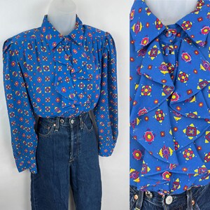 80s vintage blue red yellow patterned collared ruffle blouse Size 10 Medium 80s Poly Blouse Ruffle Blouse 80s Clothing Nutcracker Cocktail
