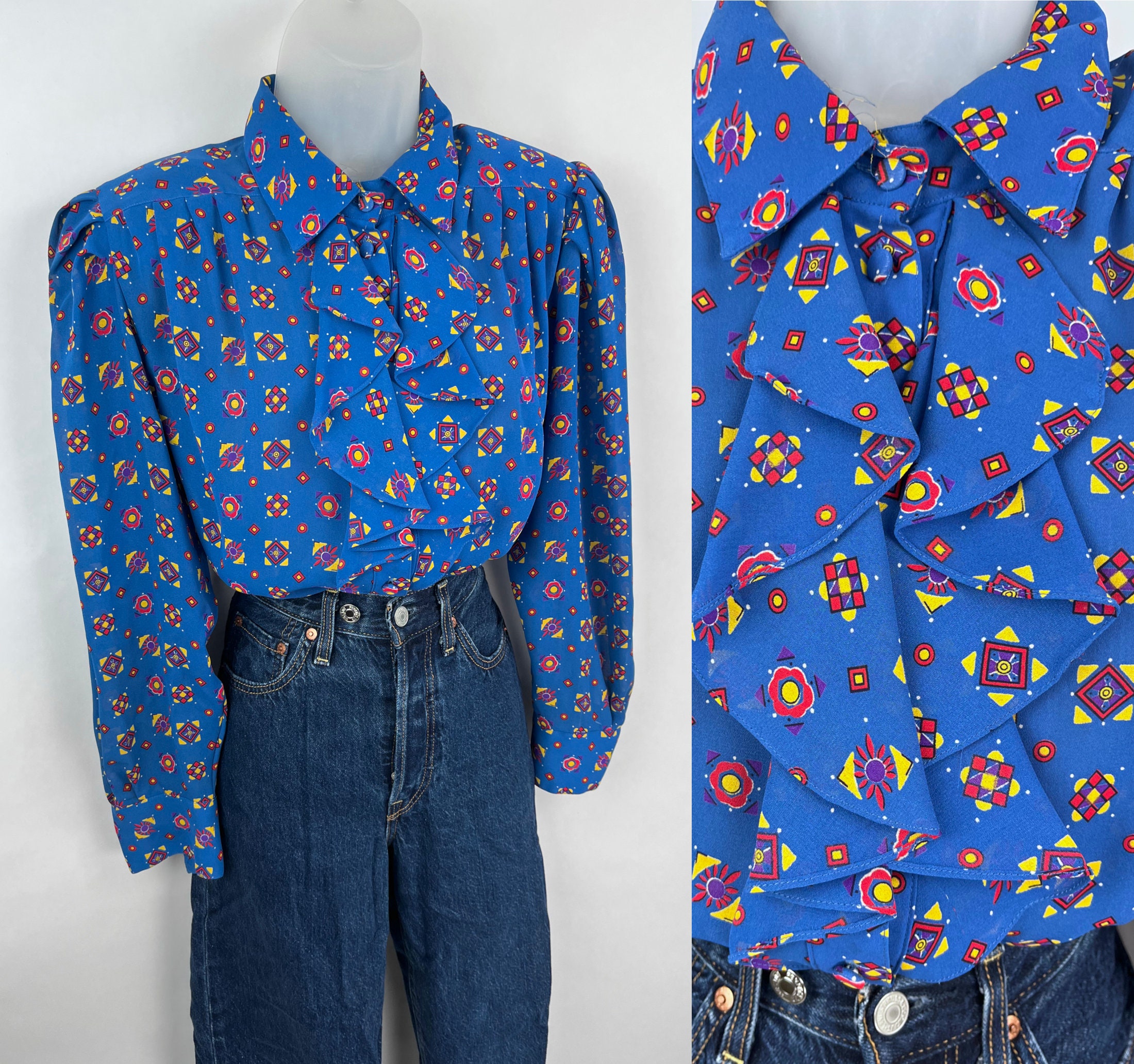 80s Vintage Blue Red Yellow Patterned Collared Ruffle Blouse Size 10 ...