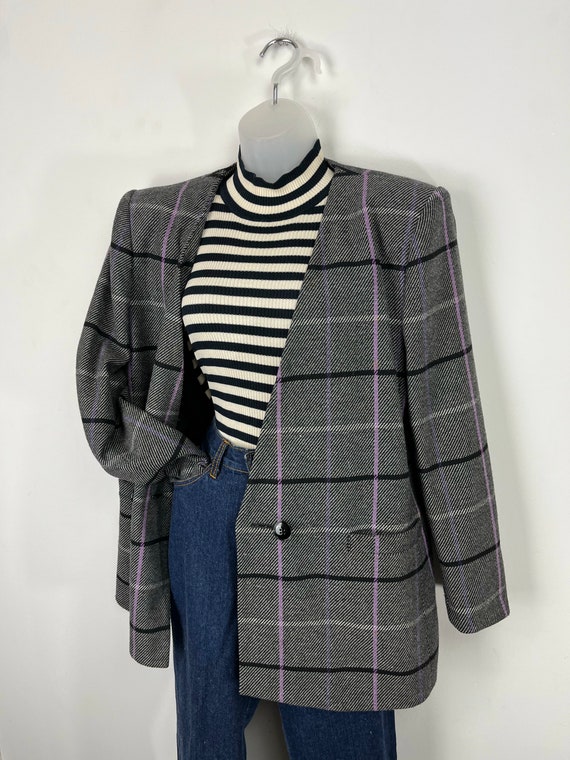 90s vintage gray and purple plaid blazer, Size 10… - image 6