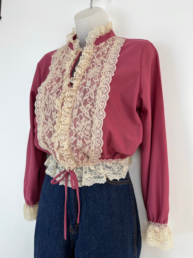 80s Vintage Deep Rose Pink Blouse With Cream Lace Ruffle Small - Etsy
