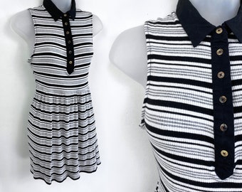 90s vintage black and white striped ribbed sleeveless knit mini dress Small Medium, 90s Henley Dress, Summer Dress, 90s Aesthetic VSCO