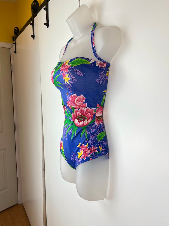 90s vintage blue and pink floral ruched one piece… - image 6