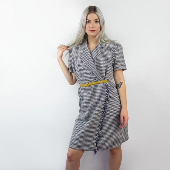 90s does 40s navy and white plaid wrap dress, Siz… - image 3
