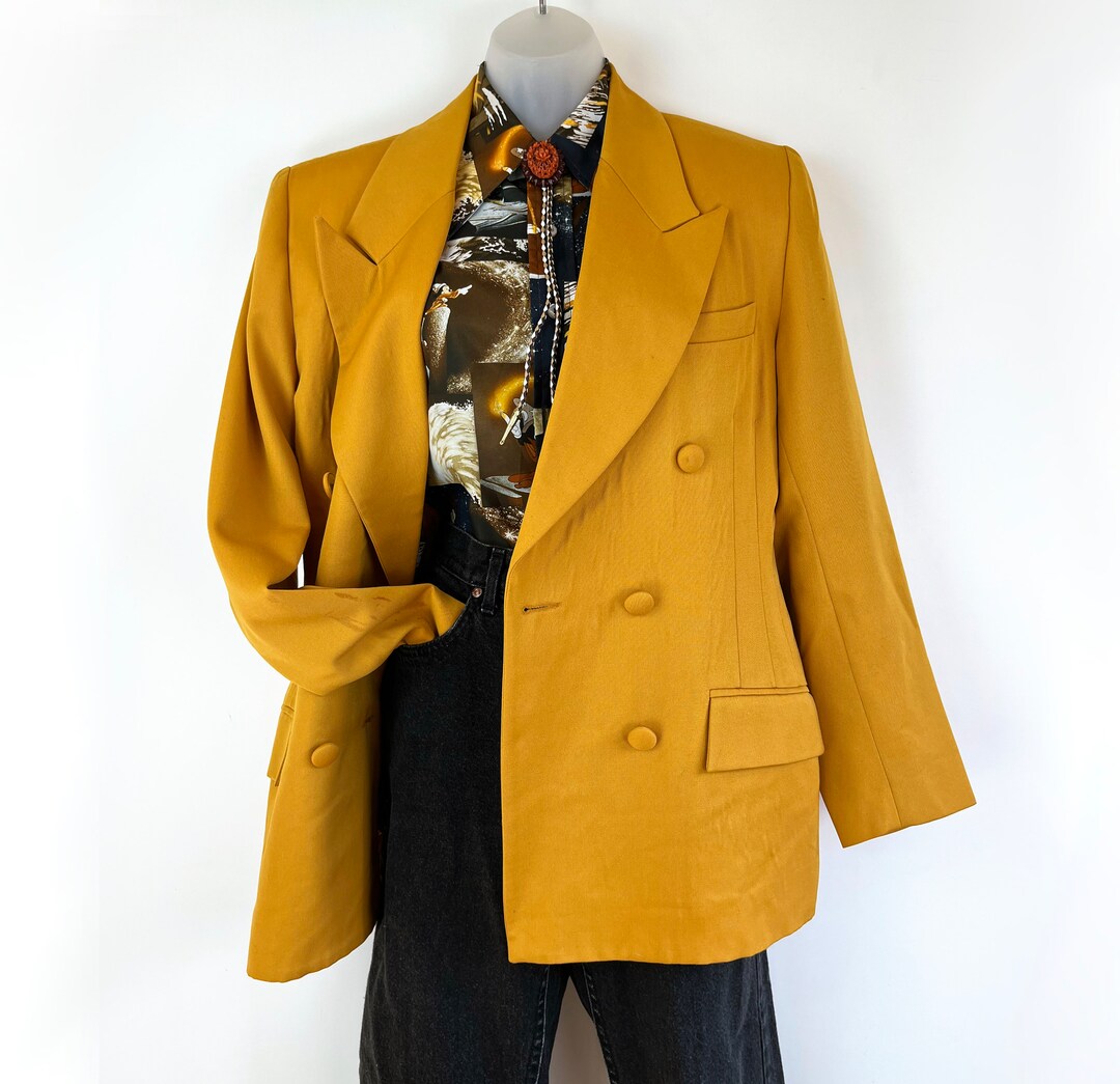 90s Vintage Mustard Yellow Wool Double Breasted Blazer Size 12 Medium