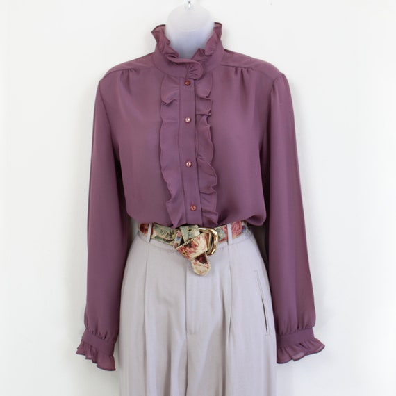 80s sheer mauve high neck ruffle button blouse, M… - image 2