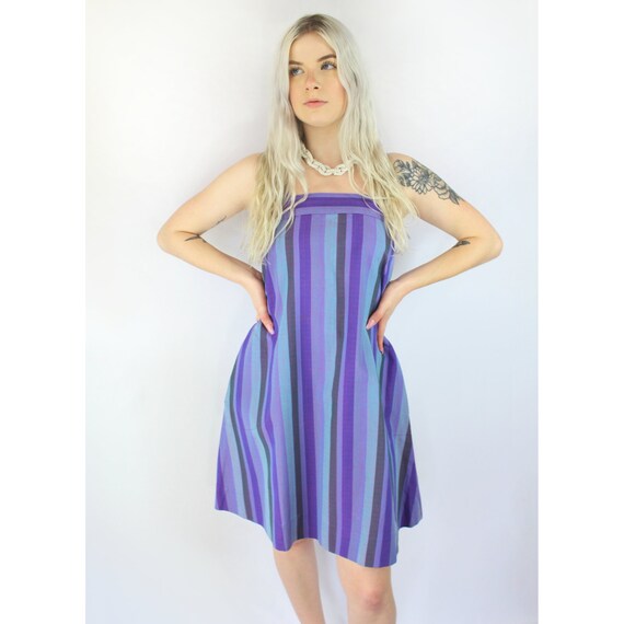 60s Vintage purple and blue striped retro smock d… - image 4