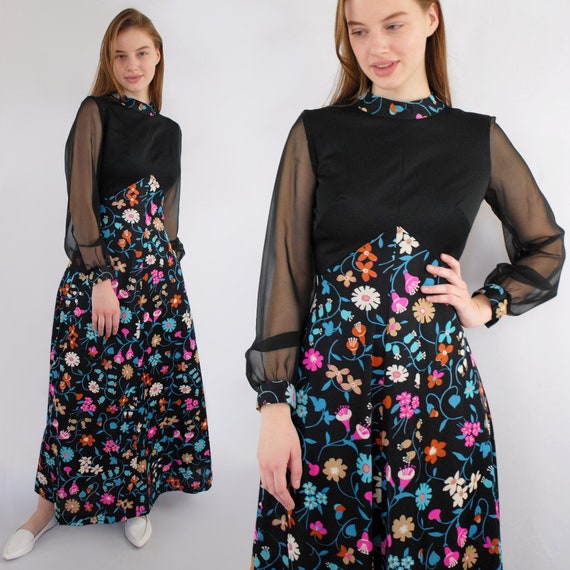 60s VINTAGE high neck maxidress with floral popar… - image 1