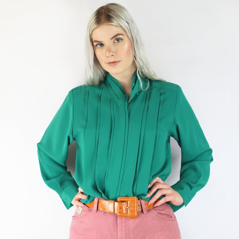 80s teal green pleat front poly blouse teal poly blouse teal pleated blouse 80s vintage blouse secretary blouse 80s vintage blouse