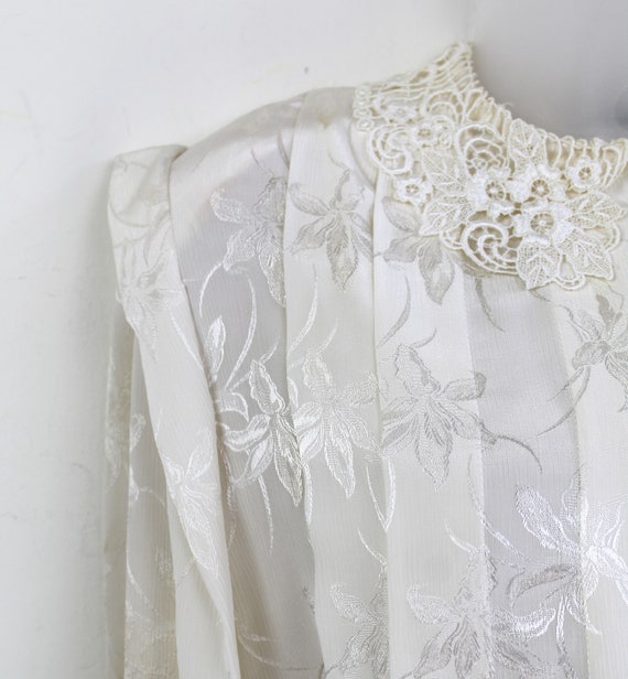 80s cream floral burnout blouse with lace collar,… - image 2