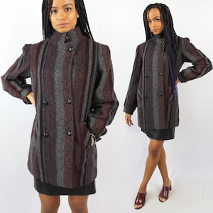 80s purple and grey herringbone stripe coat, Military Style Peacoat, Hip Length Coat, High Neck Coat, 80s Vintage Outerwear, 60s Style, MOD