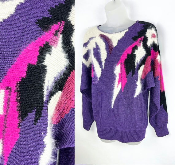 80s vintage purple and pink Angora accent dolman sleeve sweater Small Mob Wife Aesthetic Angora Sweater Purple Angora Sweater 80s Glam 1980s