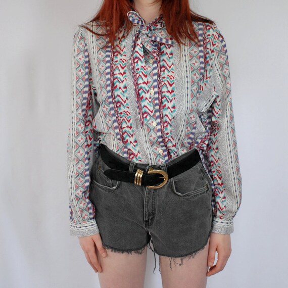 90s VINTAGE southwestern print bow blouse, Medium… - image 3