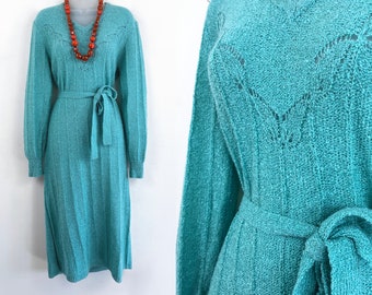 70s vintage aqua blue pointelle knit belted midi sweater dress, Medium, Secretary Dress, 70s Knit, Winter Dress. Hostess, Blue Sweaterdress