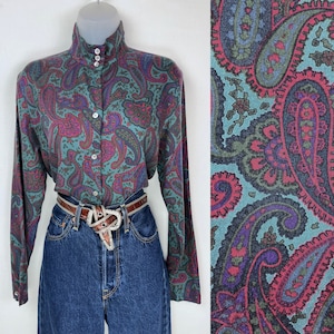 90s vintage dark jewel tones paisley high neck long sleeve button blouse Dark Academia Gothic Paisley Rayon Blouse 90s Vintage Blouse