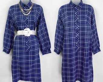 80s vintage blue plaid Midi Shirtdress Medium Large, Long Sleeve Midi, Blue Plaid Dress 80s Shirtdress 60s Mod Dress Tent Dress 80s Clothing
