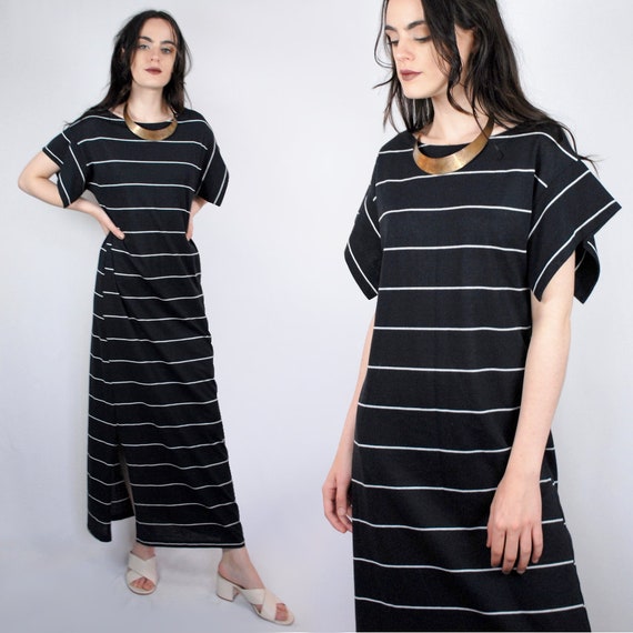 90s black and white striped knit short sleeve maxi