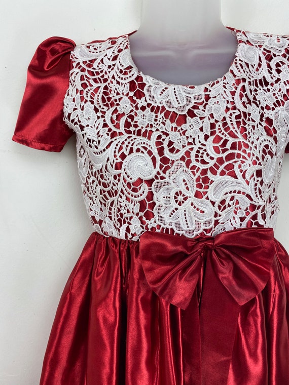 80s vintage red satin party dress with white lace… - image 9