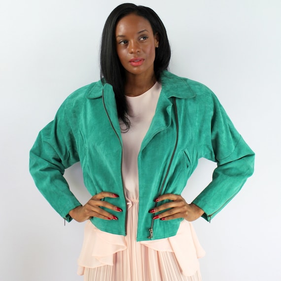 90s green suede bomber jacket, size Medium, MOTO j
