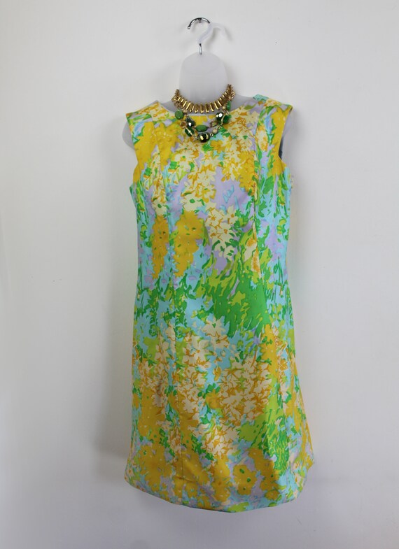 60s Vintage neon floral print sleeveless sheath d… - image 4